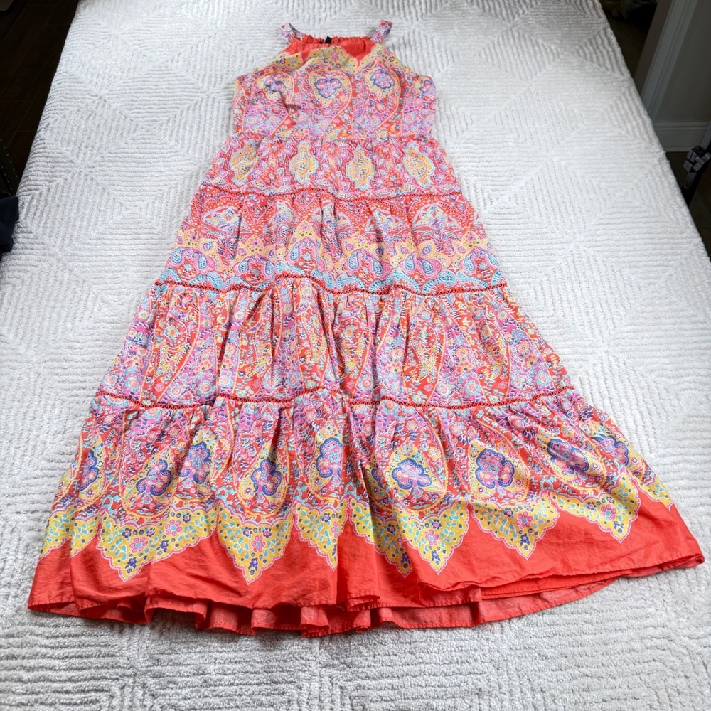 Talbots Paisley Maxi Dress Womens 4 Orange Tiered Cotton Halter Boho Vacation